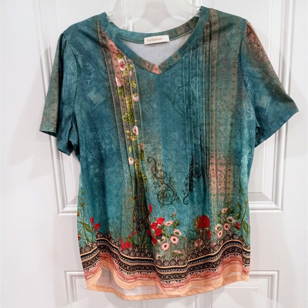 Fantastlook Floral Boho Blouse Women's Large Green V-Neck Short Sleeve